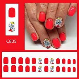 24Pcs Spring Red Press on Nails Short Square ZWENJIE Fake Nails Glossy False Nails with Multicolor Flower Design Small Stick on Nails Full Cover Acrylic Nails Gel Glue on Nails for Women Girls