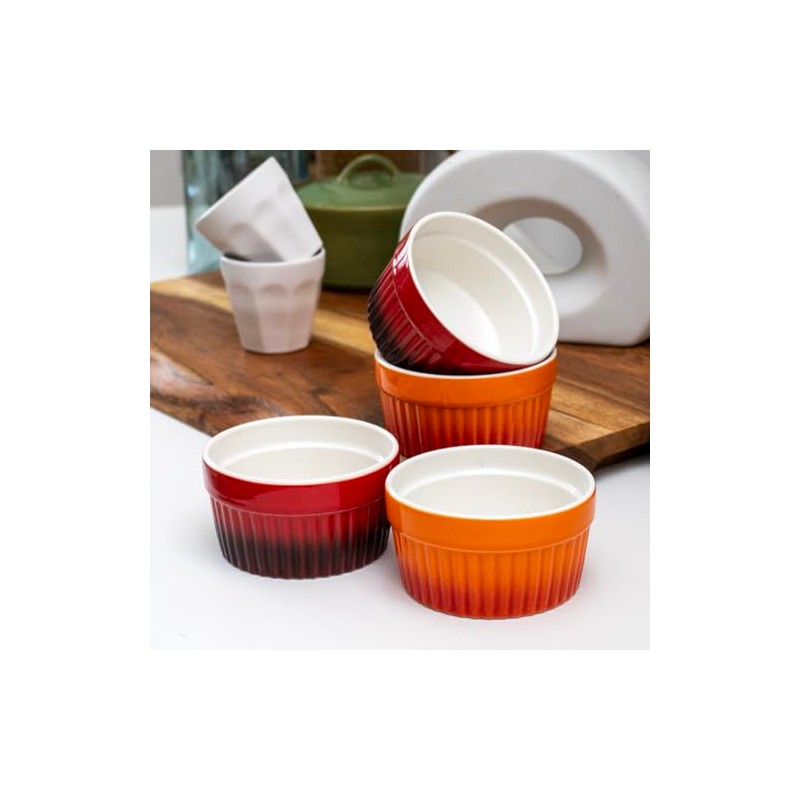 Set Of 4 Ombre Ramekin Dishes Red Orange Stoneware 200ml