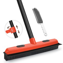 JEHONN Rubber Broom Carpet Rake Brush for Pet Hair with Squeegee, 52.8 inches Long Handle Silicone Fur Scraper Removal Tool with Detailing Lint Comb for Rug, Tile, Hardwood Floor Cleaning (Red)
