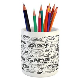 Ambesonne Video Games Pencil Pen Holder, Monochrome Sketch Style Gaming Design Racing Monitor Device Gadget Teen 90's, Ceramic Pencil Pen Holder for Desk Office Accessory, 3.6" X 3.2", White and Black