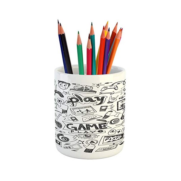 Ambesonne Video Games Pencil Pen Holder, Monochrome Sketch Style Gaming