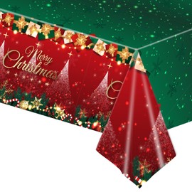Christmas Tablecloth,1Pcs 137*274cm Disposable Rectangle Christmas Table Cloth,Large Shiny Red and Green Xmas Party Table Cover Plastic Xmas Table Cloth for Christmas Party,Christmas Table Decorations