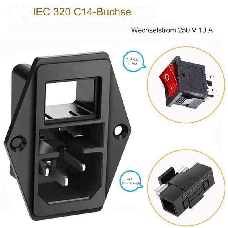 IEC Built-in Socket C14, with Black Switch and Fuse, 3-Pin