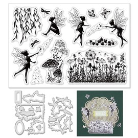 INFUNLY Flower Elves Clear Stamps and Dies Plant Leaf Stamps and Dies for Card Making Angel Clear Rubber Stamp and Die Cut Sets Transparent Stamps for DIY Scrapbooking Photo Album Crafting