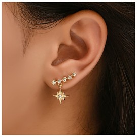 Allereya Vintage Crystal Star Ear Climber Earrings Rhinestone North Star Drop Earrings Gold Rhinestone Ear Crawler Earrings CZ Crawler Stud Earrings Jewellery for Women and Girls
