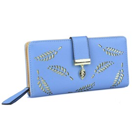 Women's Purse in PU Leather with Leaf Pendant, 12 Card Slots, Sections for Coins and Notes, blue