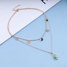 Cimenexe Bohemian Layered Waterdrop Turquoise Choker Necklace Teardrop Turquoise Pendant Necklace Gold Tiny Coin Dangle Necklace Turquoise Bead Necklace Jewelry for Women and Girls