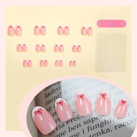 White French Tip Press On Nails Almond Short Fake Nails with Red Bow Design 3D Winter Fall False Nails Full Cover Acrylic Artificial Nails Press Ons Glue Stick On Nails for Women DIY Manicure 24PCS
