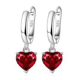 GLESOS Lightweight Heart-Shaped Drop/Dangle Huggie Birthstone Earrings,18K White Gold Plated Wathet Red CZ crystal earrings for Women