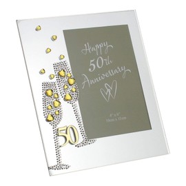 Diamante Champagne Glasses Golden 50th Wedding Anniversary Glass Photo Frame 4" x 6" WG45450