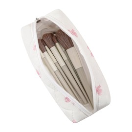 HHQQWZ Cute Floral Cotton Makeup Brush Cosmetic Bag for Women, Travel Quilted Zipper Make Up Bag, Flowers Toiletry Organizer Case Kawaii Makeup Cosmetic Travel Cloth Pouch (Pink Bow Tie)