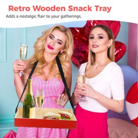 yeesport Wooden Snack Tray with Strap, Handheld Serving Tray with Adjustable Shoulder Strap, Movie Popcorn Beverage Carrier, Vintage Red Drinking Holder for Parties and Picnics