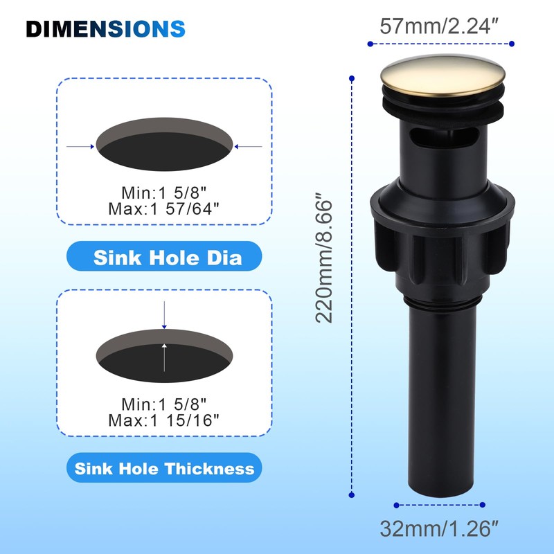 Brushed Gold Bathroom Pop-Up Push-Type Sink Drain Assembly - Vessel