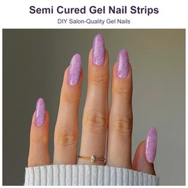 Semi Cured Gel Nail Strips,28 pcs Nail Art Stickers (Shiny Pink),Gel Stickers for Nails UV Light, Nail Polish Strips Includes Prep Pads, Nail File & Wood Stick