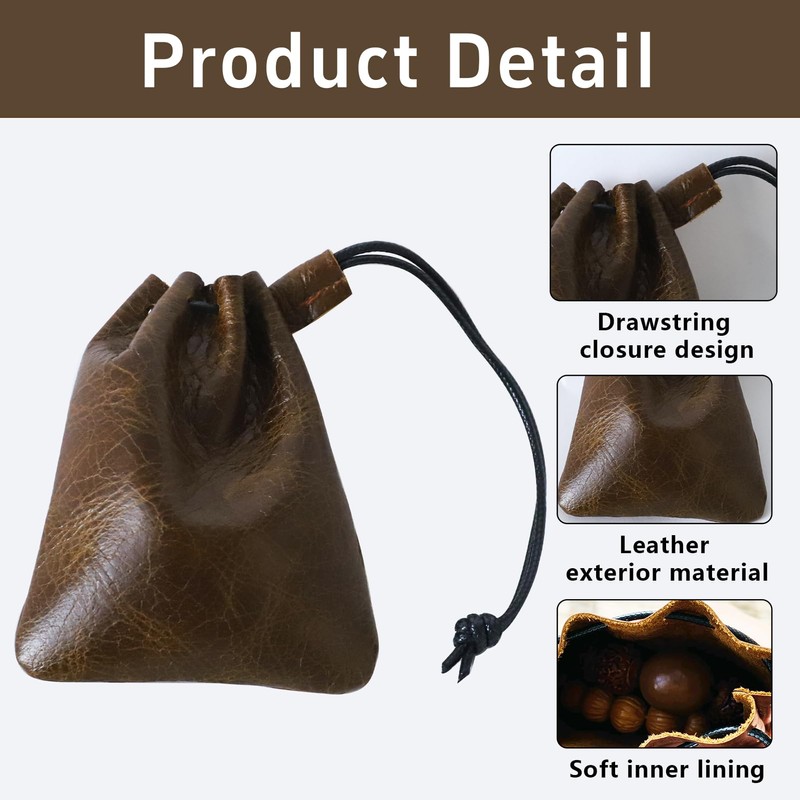 CZXCV Cowhide Leather Drawstring Pouch, Secure Small Leather Coin Purse