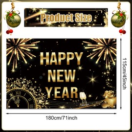 71x45 Inch Happy New Year Banner, Large Gold Happy New Year Backdrop 2024 New Year Eve Decoration Party Supplies Firework Clock Black Background Holiday Sign Photo Props