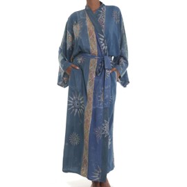 NOVICA Artisan Hand-Painted Long Kimono Patterned Robe with Pockets for Women Lightweight Loungewear from Indonesia 'Floral Midnight Blue'