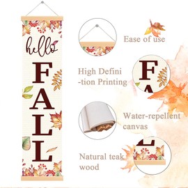 Hello Fall Hanging Flag, Front Door Porch Decor, Large Fall Canvas Banners, Autumn Decoration for Home Party Garden Yard, Farmhouse Wall Hanging Banner 7.8×31.5 inches Fall 04