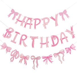Homarkable Pre-strung Pink Bow Birthday Decorations, Pink Coquette Party Decorations, Bow Party Supplies Include Happy Birthday Banner, Bow Garland Banner for Girls