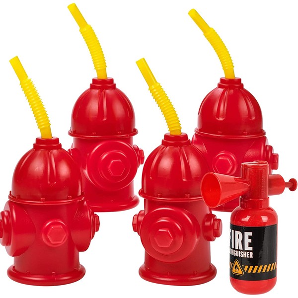 Straw Fire Hydrant Cups with Lids - (Pack of 4) Bonus Squirt Fire Extinguisher, Reusable 12 oz, Red Plastic Fire Truck Party Supplies Cups and Firefighter Birthday Party Favors for Kids by Bedwina