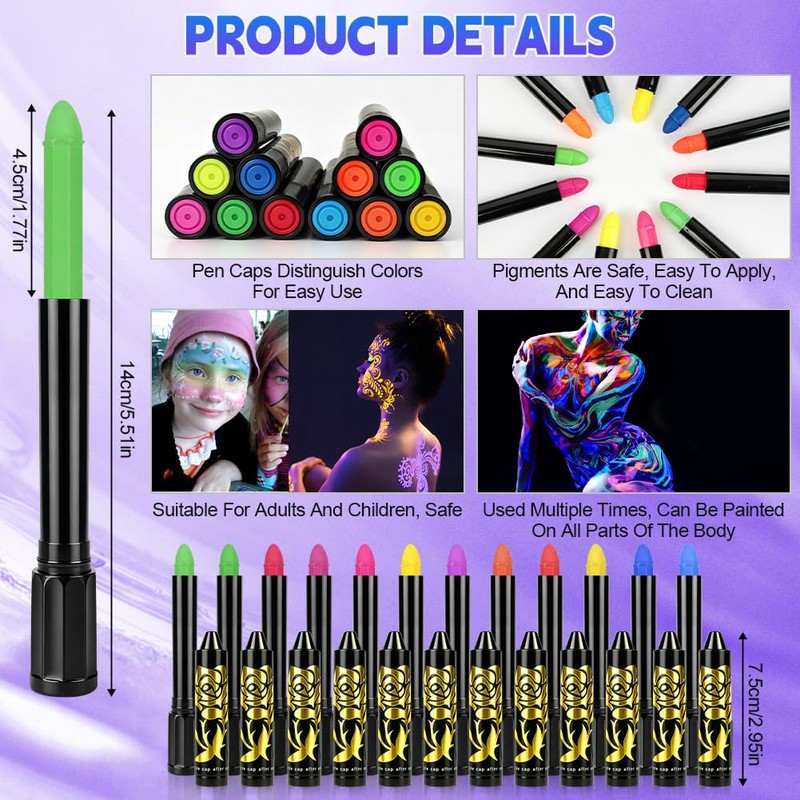 LOPHE 12 Colours UV Body Painting, Washable Make-Up Pens
