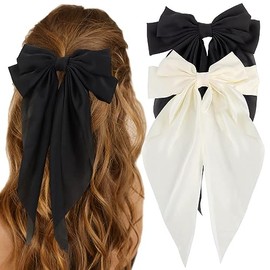Big Silky Satin Hair Bows 2pcs 3pcs 6pcs Pack for Women Hair Ribbons Oversized Long Tail White Black Pink Multicolor Large Hair Barrettes Metal Clips Bowknot Aesthetic Accessories DX Grandway