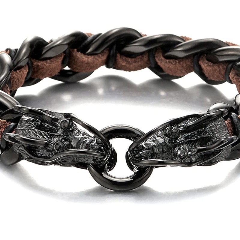 COOLSTEELANDBEYOND Striped Design Black Curb Chain Braided Leather Bracelet Dragon