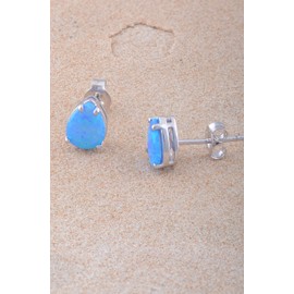 Rhodium Plated Sterling Silver Womens Pear Spaked Created Blue Opal Stud Earrings - 9mm