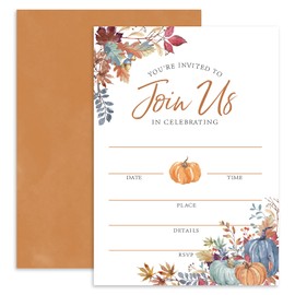 Whaline Fall Invitations 25 Sets Autumn Vintage Pumpkin Leaves Invites Cards with Envelopes Stickers for Birthday Baby Shower Wedding Thanksgiving, 5 x 7 Inch