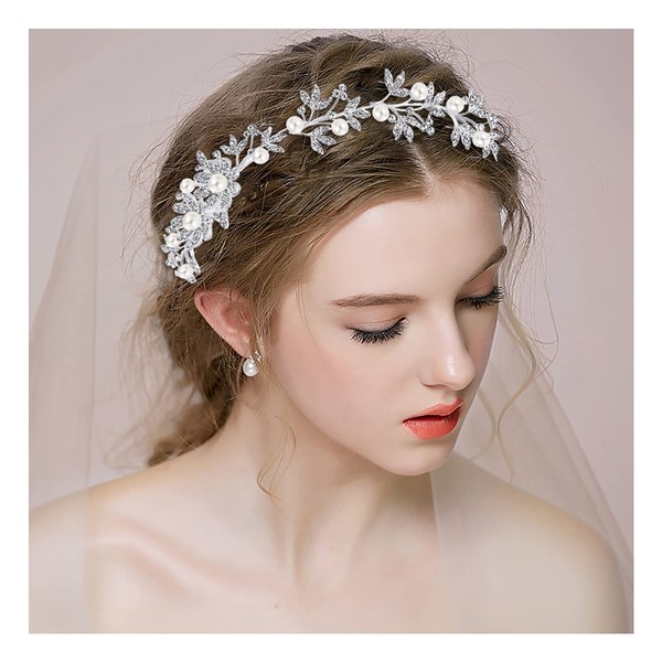 BriLove Wedding Hair Accessory Bridal Headband for Women Bohemian Daisy Flower Crystal Ivory Color Bling Hair Comb Clear Silver-Tone