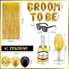 JGA Decorative Men Groom Balloons - Pack of 44 Gold Groom To Be Alphabet Foil Balloons Banner Pin Sash for Stag Party Men Proposal Engagement Wedding Decorations Supplies