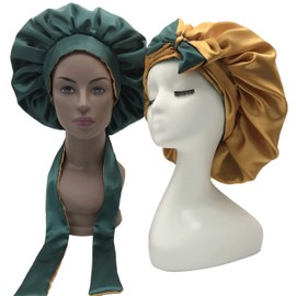 YUPs Sleeping Silk Satin Bonnet Wide Elastic Band Double Layer Hair Bonnets With Ties For Braids Afro And Curly Hair (Double layer- Emerald green/Champagne), Pack of 1