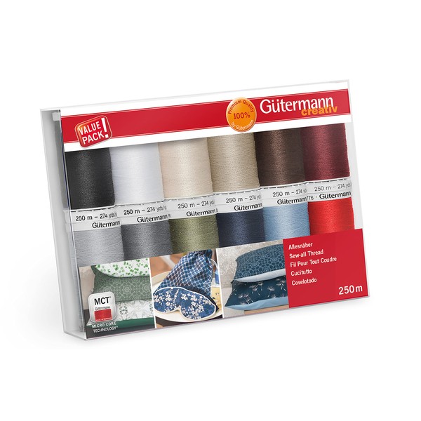 Gutermann Kit de fil à coudre avec 12 bobines de fil Pour Tout Coudre 250 m dans les coloris basiques 734001-1 Multicolore
