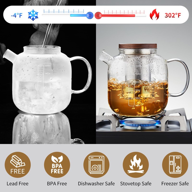 DOPUDO Glass Teapot With Stainless Steel Infuser 1200ml, Glass Tea