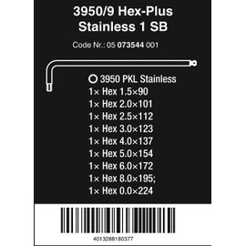 Wera 05073544001 | Stainless Steel L-Shaped Wrench Set, Boxed, 3950/9 SB, Multicolor, 9-Piece Set