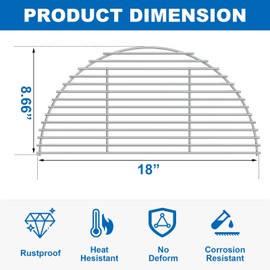 18" Half-Moon Stainless Steel Cooking Grate for Kamado Joe Classic I, II, III, Large Big Green Egg, and Other Round 18-inch Charcoal Grills Accessories, Replacement Parts for Kamado Joe KJ-HCG