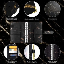 Organizador de Dinero A6, Organigastos Tipo Cartera Cuero con 12 Sobres Transparentes con Cierre, 12 Hojas de Planificador de Presupuesto de Finanzas, Libreta de Ahorro y Gastos con 3 Pegatinas, Negro