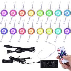 Dream Color Under Cabinet Lights, AIBOO Linkable Dimmable Color Changing Puck Lights Kit with 14-Keys RF Remote Control, 24V RGB Under Cabinet Lighting Kit for Party Christmas Decorations (16 Pack)