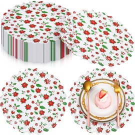 Cinnvoice 200 Pcs Christmas Paper Doilies 12" Disposable Lace Doily with Poinsettia Flower Xmas Round Foil Lace Paper Doily Place mats for Cakes Crafts Christmas Holiday Party Table Top Decorations