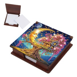 JICFDAO Diamond Painting Notizzettelbox 11x11cm Diamant Malerei Zettelbox Bambus Notizblock mit 160 Blättern Haftnotizen Spender Cube Notiz Box Zettelkasten für Büro Schreibtisch Zubehör Mond Baumhaus