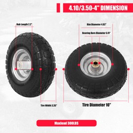 4.10/3.50-4 Flat Free Tire and Wheel, 4 Pack 10" Solid PU Heavy Duty Tires with 300LB Load Capacity, 5/8" Axle Bore Hole & 2.2" Offset Hub for Wagon Dolly Garden Cart Wheelbarrow Parts