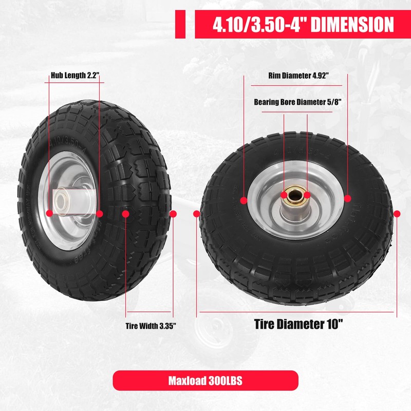 4.10/3.50-4 Flat Free Tire and Wheel, 4 Pack 10" Solid