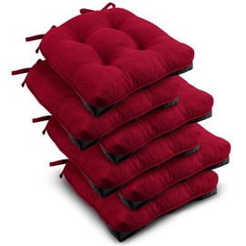 downluxe Indoor Chair Cushions for Dining Chairs, Tufted Overstuffed Textured Kitchen Chair Pads with Ties and Non-Slip Backing, 15.5" x 15.5" x 4", Red, 6 Pack