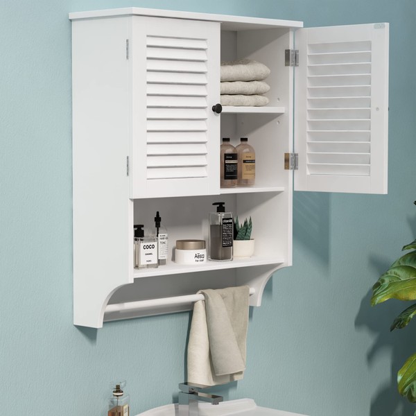 ChooChoo Bathroom Wall Cabinet with Towels Bar, 23.6" L x8.9 W x29.3 H MDF Material Medicine Cabinet, 2 Doors Over The Toilet Space Saver Storage Cabinet with Large Space, White