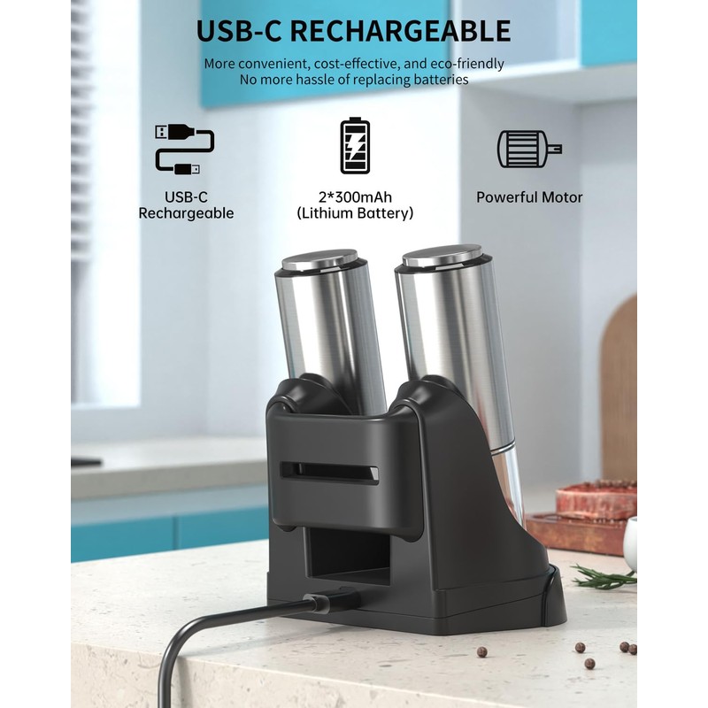 CIRCLE JOY Rechargeable Salt and Pepper Grinder Set Stainless Steel