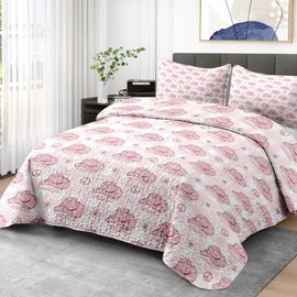 Pamnest Quilt Set Twin Size, Cowgirl Cowboy Gingham 2 Pcs Soft Bed Cover Bedding Set for Kids and Adults, Pink Cute Hat Love Lightweight Bedspread Coverlet with Pillow Sham for All Season