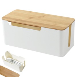 Plastic Cable Box, Cable Management Box, Desk, Cable Organiser with Wooden Lid, Cable Management Box, White, Large, for Hiding TV, Computer, Router, Cable Sockets