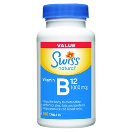 Swiss Natural Vitamin B12 (Cobalamin) 1000mcg | 180 Tablets | Helps metabolize carbohydrates, fats and proteins