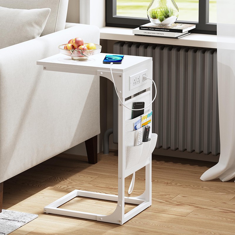 TUTOTAK C Shaped End Table with Charging Station, Side Table