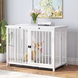 UMXES Heavy Duty Dog Crate Furniture, Fully Assembled exc. Locks, All Metal Frame & Wooden Tabletop, Modern Kennel for Small/Medium Dog, End Table, Sturdy, Foldable, White